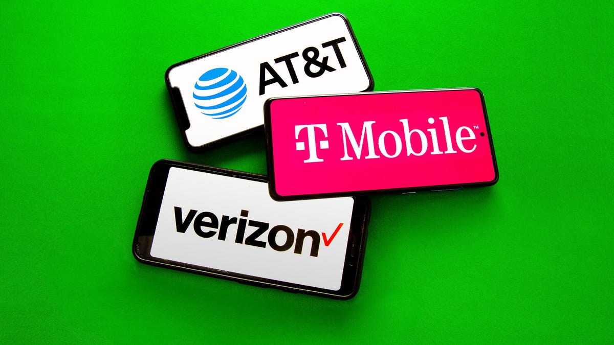 Verizon, AT&T and T-Mobile logos on smartphone screens