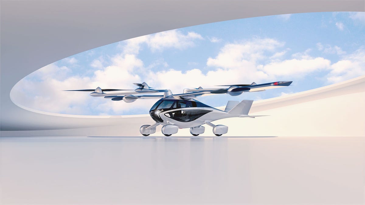 Aska A5 four-seater electric vertical take-off and landing aircraft shows its wings expanded