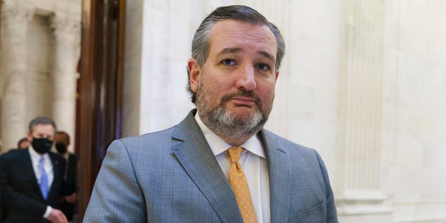 Sen. Ted Cruz, R-Texas, and other members of the Republican Conference leave a luncheon on Capitol Hill in Washington, Wednesday, March 24, 2021. 