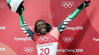 Simidele Adeagbo of Nigeria reacts as she finishes a run during the Women's Skeleton on day eight of the PyeongChang 2018 Winter Olympic Games on February 17, 2018.