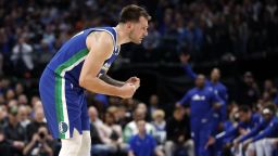 DALLAS, TEXAS - DECEMBER 27:  Luka Doncic #77 of the Dallas Mavericks reacts after a made basket in the second half against the New York Knicks at American Airlines Center on December 27, 2022 in Dallas, Texas. NOTE TO USER: User expressly acknowledges and agrees that, by downloading and or using this photograph, User is consenting to the terms and conditions of the Getty Images License Agreement.  (Photo by Tim Heitman/Getty Images)