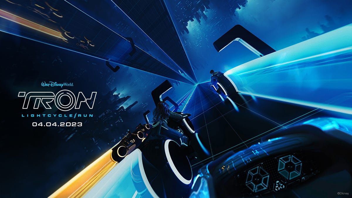 Tron bikes zip along a digital track in a teaser image for Disney Parks' Tron Lightcycle Run ride