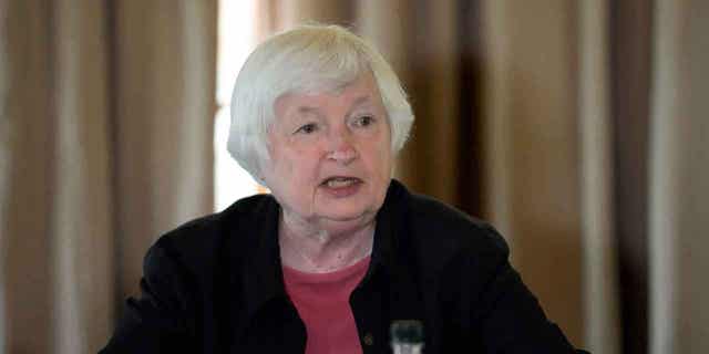 U.S. Treasury Secretary Janet Yellen speaks at Dinokeng Game Reserve in Hammanskraal, South Africa, on, Jan. 25, 2023. Yellen announced a joint initiative between the United States and South Africa to combat wildlife trafficking.