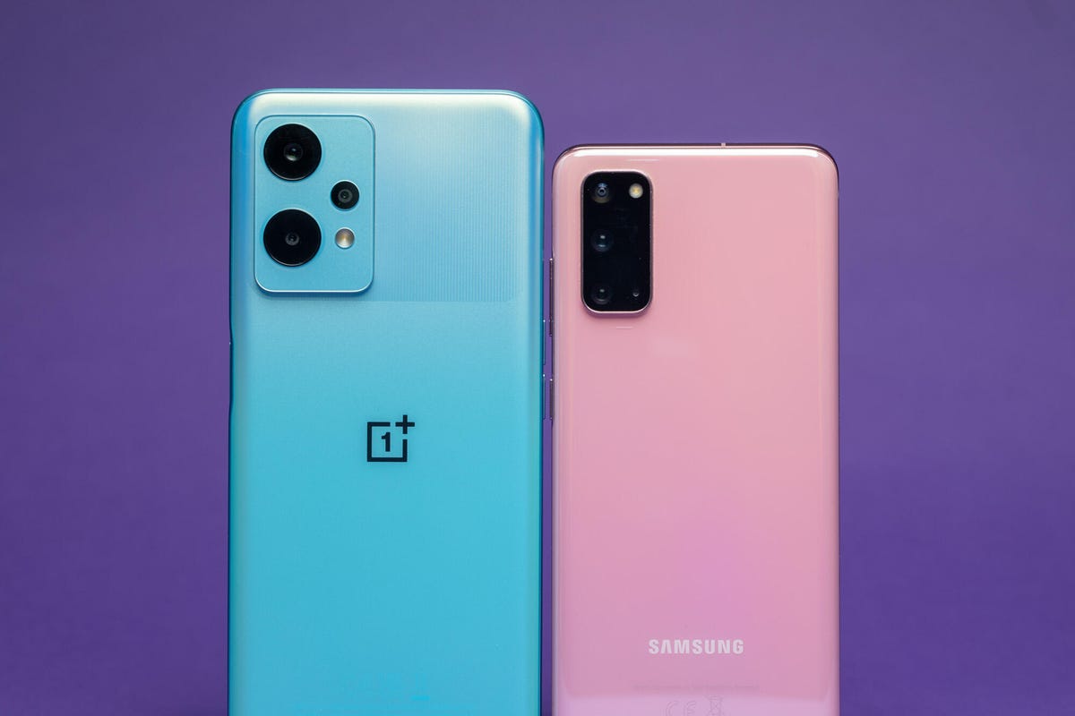 OnePlus Nord CE 2 Lite next to Samsung Galaxy S20 showing the cameras