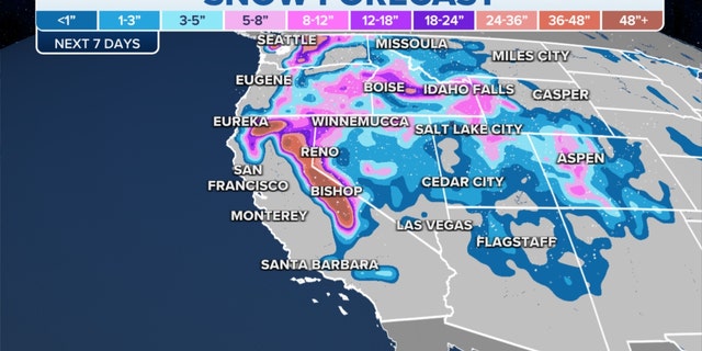 Snowfall forecast over the next seven days