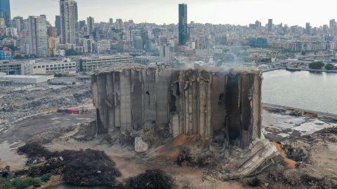An aerial picture shows the heavily damaged grain silos at the port of the Lebanese capital Beirut, on July 31.
