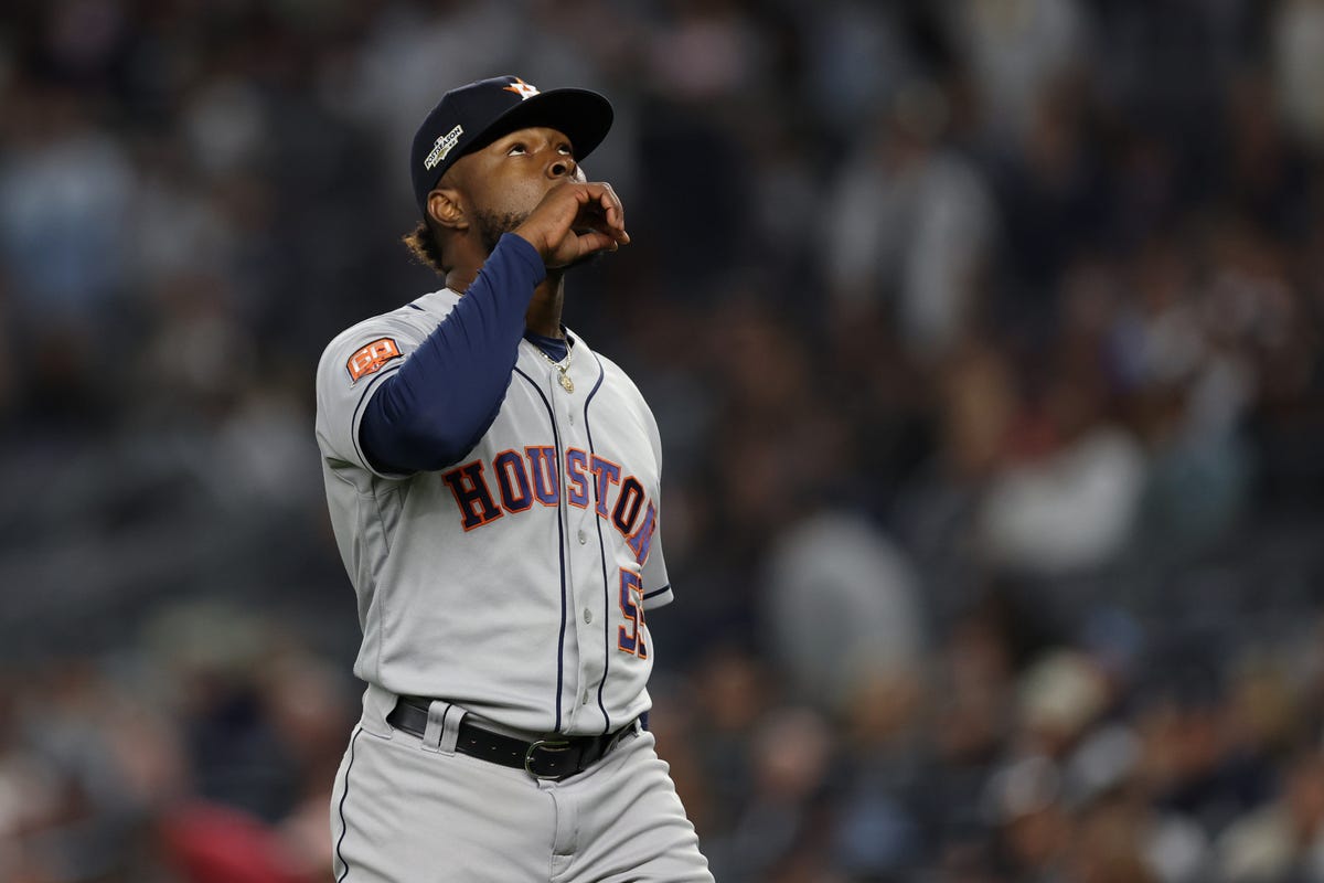 Pitcher Cristian Javier of the Houston Astros looks to the sky.