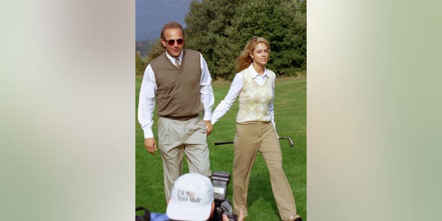 Kevin Costner and Christine Baumgartner during Big 3 Records Monte Carlo Invitational Pro-Celebrity Golf Tournament in Monaco.