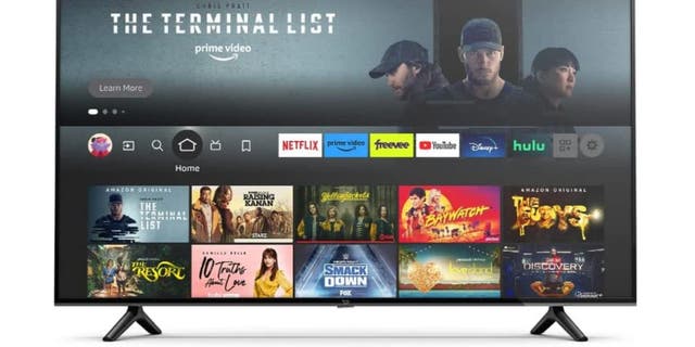 Picture of the Amazon Fire TV displaying videos to watch and different streaming services.