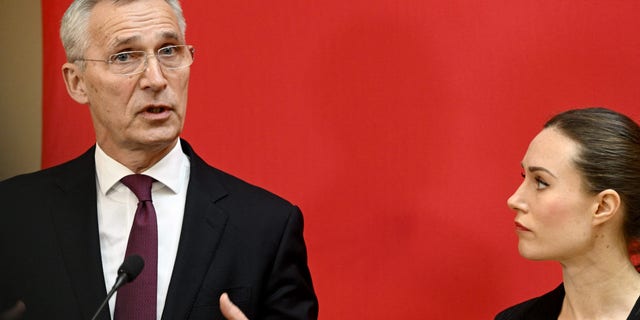 NATO Secretary General Jens Stoltenberg, right, and Prime Minister Sanna Marin of Finland meet the press before the annual meeting of SAMAK, the Co-operation Committee of the Nordic Social Democratic parties and trade unions, in Helsinki on Feb. 28, 2023. 