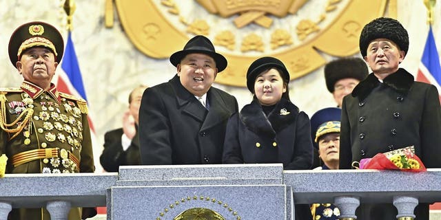 Kim Jong Un and Kim Ju Ae mark the 75th anniversary of the Korean People's Army on Kim Il Sung Square in Pyongyang, North Korea, Feb. 8, 2023.