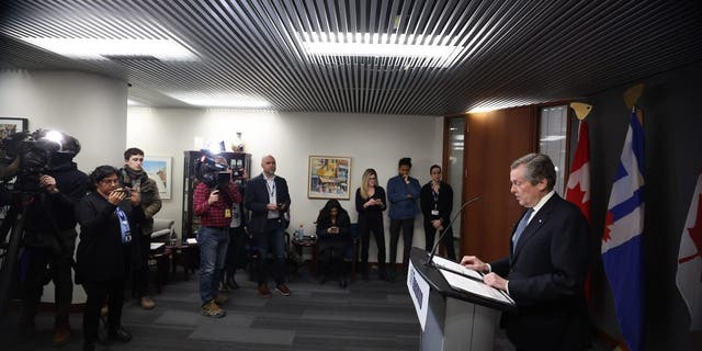 Toronto Mayor John Tory steps down as Mayor after reveiling that he had an affair with an employee who was part of his staff at City Hall in Toronto, Feb. 10, 2023.
