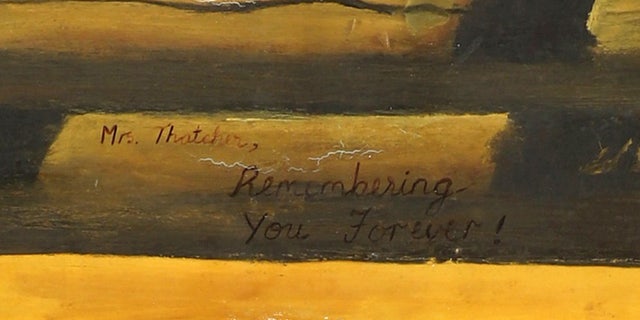 A painting of a study of a kilim textile suspended in a doorway, bearing presentation inscription ‘Mrs. Thatcher, Remembering you Forever' was also part of the sale
