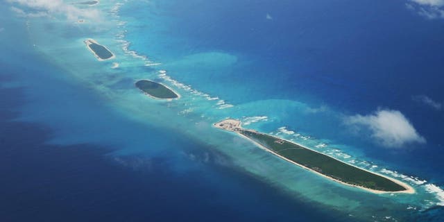 An aerial view of Qilianyu islands in the Paracel chain, which China considers part of Hainan province on August 10, 2018.
