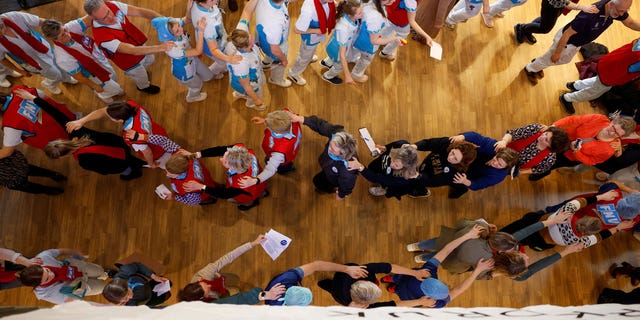 Dutch hospital workers take part in a 24-hour strike in support of trade union demands for a 10% pay increase and better terms, in Uden, Netherlands on March 16, 2023.
