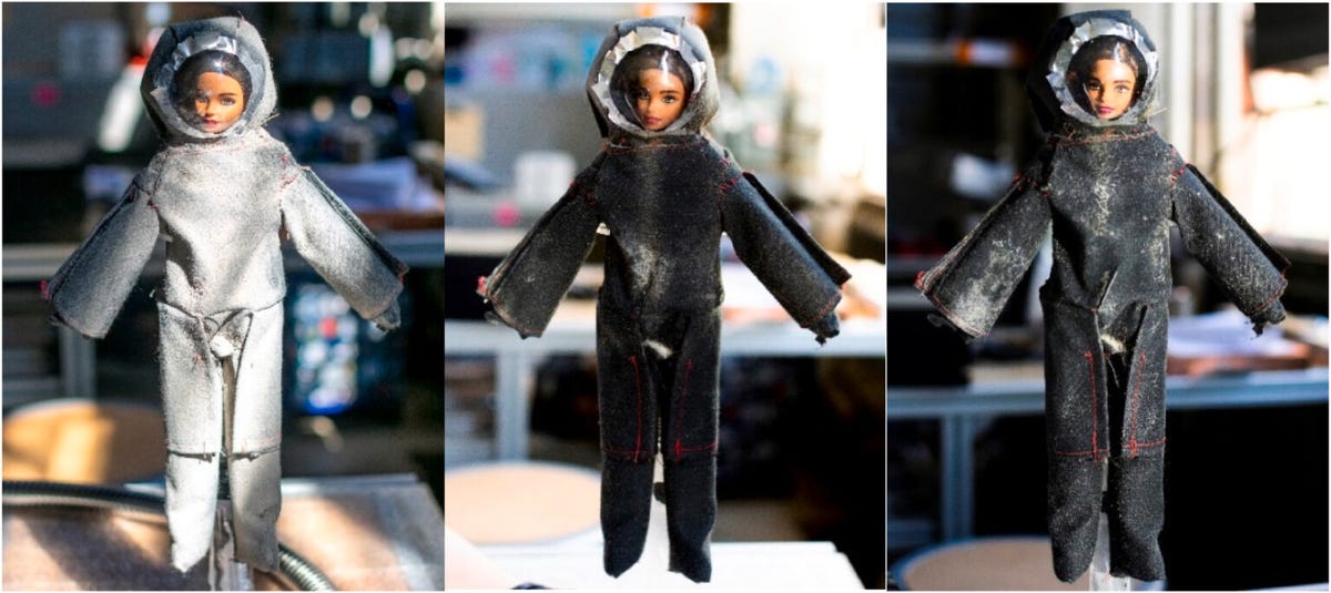 Three images of Barbies are shown with varying stages of cleanliness.