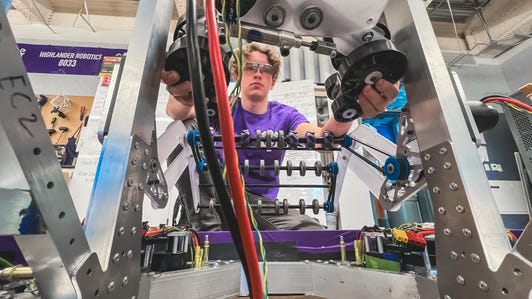 Here's Highlander Robotics mechanical lead Vaughn Khouri, about a month before Highlander Robotics' first tournament of the season, assessing the robot's subsystem in the lab at Piedmont High School east of San Francisco, where he's a sophomore.