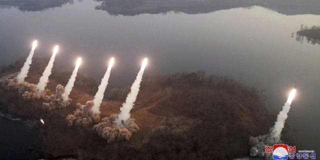 An artillery drill at an undisclosed location in North Korea, Thursday, March 9, 2023.