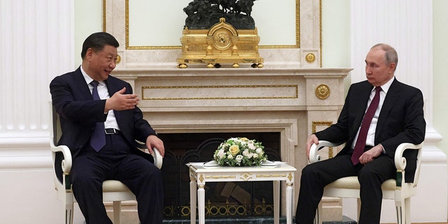 Russian President Vladimir Putin meets with China's President Xi Jinping at the Kremlin in Moscow on March 20, 2023. 