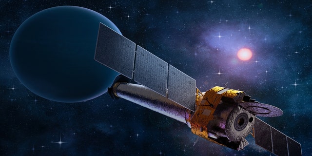 Artist rendering of the Chandra X-ray Observatory space telescope, created on May 19, 2021. The planet Uranus is visible in the background. 