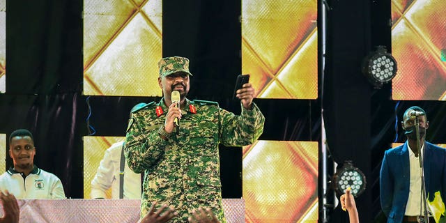 Then Lt. Gen. Muhoozi Kainerugaba, son of Ugandan President Yoweri Museveni, speaks at a "Thanksgiving" ceremony on May 7, 2022. 