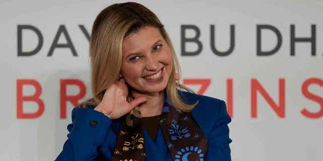 Olena Zelenska, the first lady of Ukraine, speaks during International Women's Day in Abu Dhabi, United Arab Emirates, on March 8, 2023.