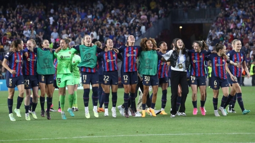 Barcelona players celebrate at the end of the match against Chelsea. 