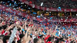 BILBAO, SPAIN - MARCH 12: Fans show their support during the LaLiga Santander match between Athletic Club and FC Barcelona at San Mames Stadium on March 12, 2023 in Bilbao, Spain. (Photo by Juan Manuel Serrano Arce/Getty Images)