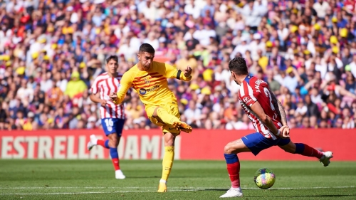 Ferran Torres of FC Barcelona  scores his team's first goal during the LaLiga Santander match between FC Barcelona and Atletico de Madrid at Spotify Camp Nou on April 23, 2023 in Barcelona, Spain.