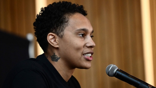 Griner speaks to the media during a news conference on April 27, 2023. 