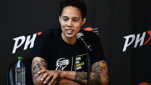 Brittney Griner speaks during a news conference at the Footprint Center in Phoenix, Arizona on April 27, 2023.