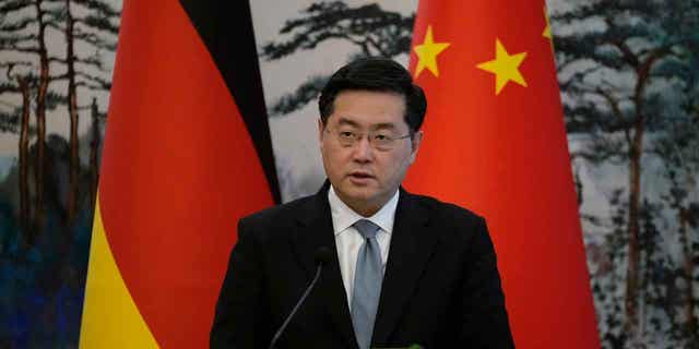Chinese Foreign Minister Qin Gang speaks during a joint press conference at the Diaoyutai State Guesthouse in Beijing, China, April 14, 2023. Gang claimed China will not provide weapons to either side in the war in Ukraine.