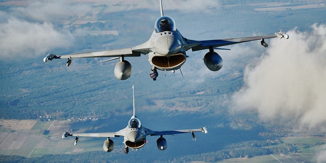 F-16 fighter jets takes part in the NATO Air Shielding exercise near the air base in Lask, central Poland.