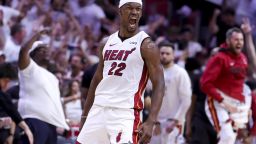 MIAMI, FLORIDA - APRIL 24: Jimmy Butler #22 of the Miami Heat reacts during the fourth quarter against the Milwaukee Bucks in Game Four of the Eastern Conference First Round Playoffs at Kaseya Center on April 24, 2023 in Miami, Florida. NOTE TO USER: User expressly acknowledges and agrees that, by downloading and or using this photograph, User is consenting to the terms and conditions of the Getty Images License Agreement. (Photo by Megan Briggs/Getty Images)