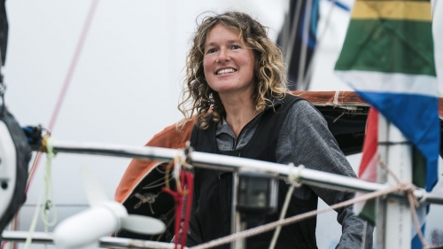 South African skipper Kirsten Neuschäfer celebrates winning the Golden Globe Race.