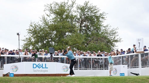 Spieth driving from the seventh tee.