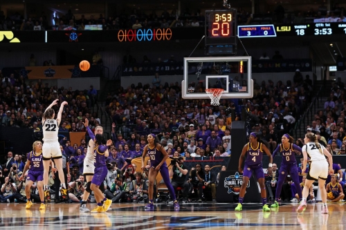 Clark hits one of her four 3-pointers in the first quarter. She finished the first half with 16 points.