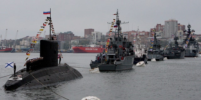 In this handout image supplied by Host photo agency / RIA Novosti, Pacific Fleet ships during the naval parade during the military parade to mark the 70th anniversary of Victory in the 1941-1945 Great Patriotic War, May 9, 2015 in Vladivostok , Russia.