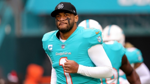 Tua Tagovailoa takes to the field prior to the Miami Dolphins' game against the Green Bay Packers at Hard Rock Stadium on December 25, 2022.
