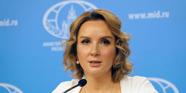 Russian children's rights commissioner Maria Lvova-Belova holds a press conference on April 4, 2023, following accusations that Russia was abducting children from Ukraine and setting them up for adoption in the country.