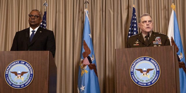 Lloyd Austin and Mark Milley speak at Ramstein Air Base in Germany