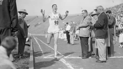 Wes Santee, seen here competing in a three-mile cross-country race, came close to running a sub-four-minute mile during his career. 