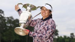 THE WOODLANDS, TEXAS - APRIL 23: Lilia Vu of the United States celebrates with the trophy after winning in a one-hole playoff during the final round of The Chevron Championship at The Club at Carlton Woods on April 23, 2023 in The Woodlands, Texas. (Photo by Carmen Mandato/Getty Images)