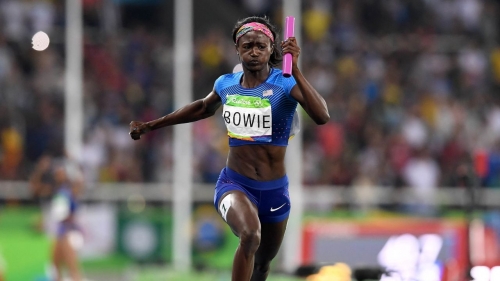 Bowie competes in the 4x100-meter relay at the Rio Olympics. 
