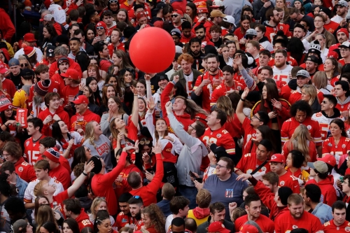 Chiefs fans in Kansas City gather before a Super Bowl watch party in the Power and Light entertainment district.