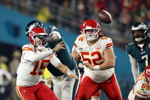 Mahomes is hit by Jordan Davis on a pass play in the third quarter.