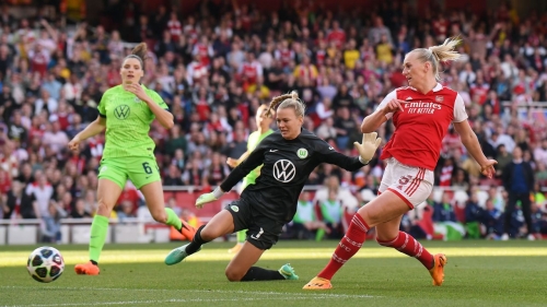 Blackstenius scores the opening goal against Wolfsburg. 