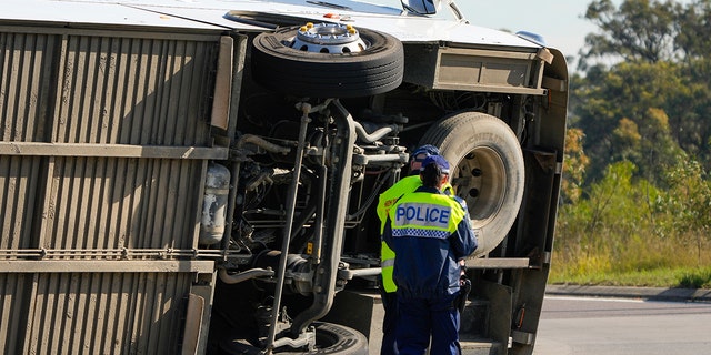 A bus on its side