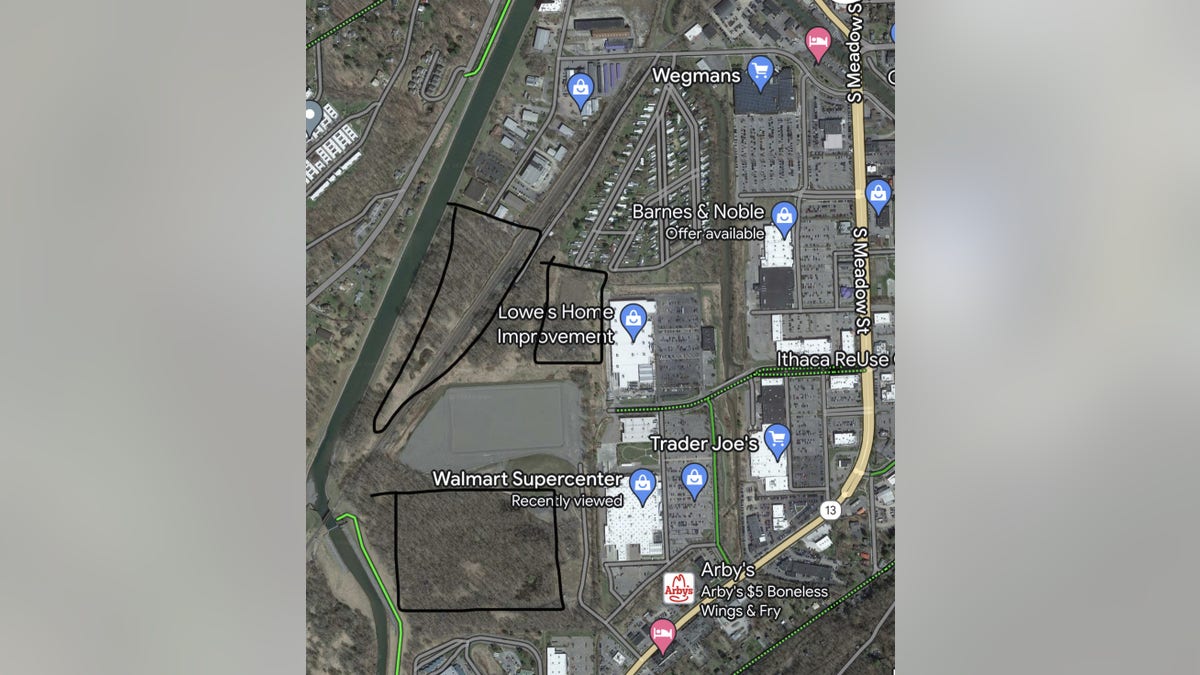 Approximate areas of "The Jungle" homeless encampment in Ithaca, New York
