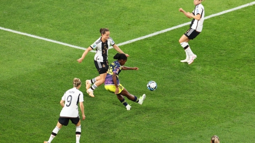SYDNEY, AUSTRALIA - JULY 30: Linda Caicedo of Colombia scores her team's fist goal during the FIFA Women's World Cup Australia & New Zealand 2023 Group H match between Germany and Colombia at Sydney Football Stadium on July 30, 2023 in Sydney, Australia. (Photo by James Chance/Getty Images)